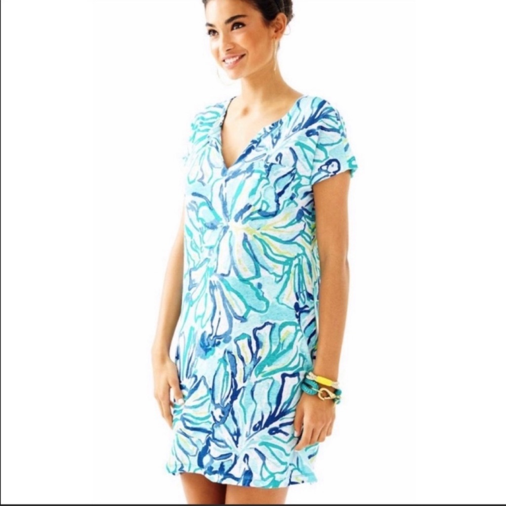 Lilly Pulitzer Aqua & Blue Floral V-Neck Shift Dress